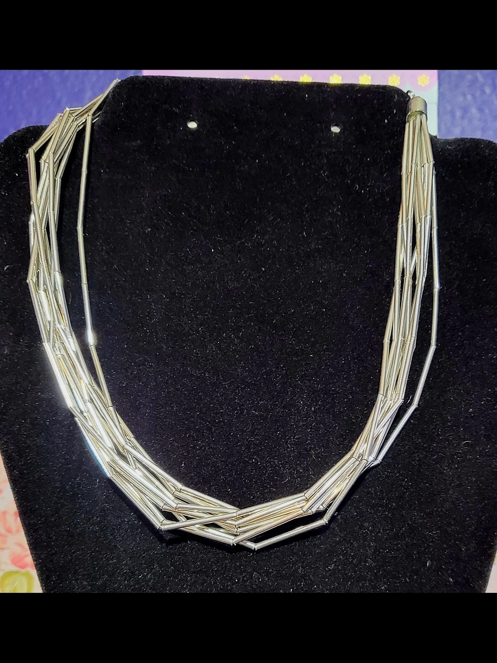 18" 10 Strand Bugle Bead Liquid Silver Tone Necklace